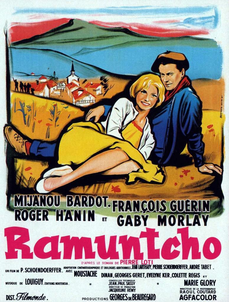 Affiche de Ramuntcho, un film réalisé par le jeune Pierre Schoendoerffer (1959) d'après le célèbre roman de Pierre Loti (1897). Scénario co-signé Jean Lartéguy, production Georges de Beauregard, photographie Raoul Coutard.