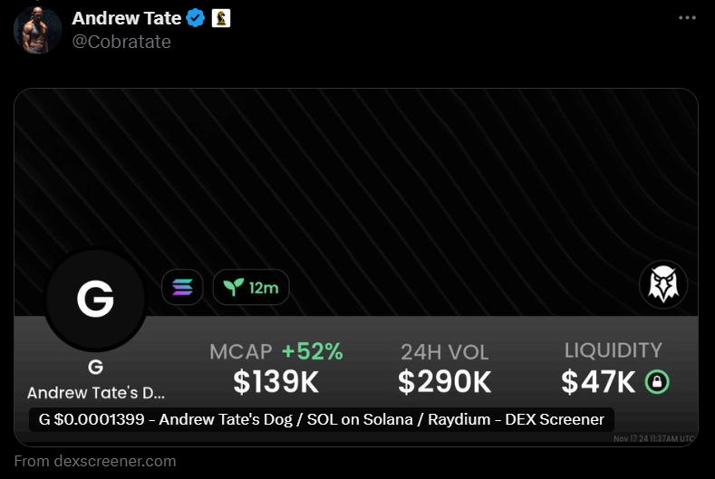 CryptoRugMunch's tweet photo. 🚨 In other news, @Cobratate is broke again and shilling another obvious crypto scam called $G. As usual, Tate controls 20% of the supply in his public wallet. I highly doubt this is the only wallet he controls.

I believe he uses his public wallet to bait people into his scams, then dumps from other wallets. My guess is this project will end like all his others—the main winner will be Tate himself, while all the Tater Tots get burnt yet again.

Stay sharp and DYOR before getting involved in anything tied to this guy.

https://t.co/S8ZzLnYtz6