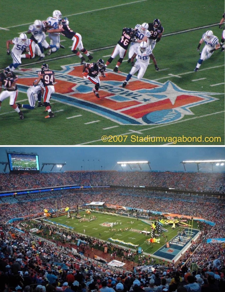 StadiumVagabond's tweet image. NFL Hall of Famer Devin Hester’s kickoff return TD at Super Bowl XLI in Miami - I took the pic from the end zone’s last row before the rain/Colts washed out Bears fans’ dreams #devinhester #chicagobears #halloffamer #hurricanes #canes #miamihurricanes #bears #beardown🐻⬇️ #hester