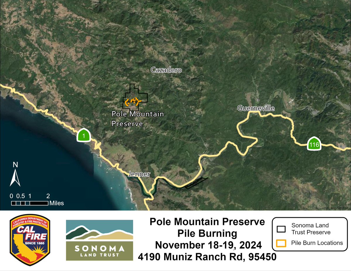 CAL FIRE resources in Sonoma County will be out with <a href="/SonomaLandTrust/">Sonoma Land Trust</a> Monday &amp; Tuesday conducting pile burning operations at the Pole Mountain Preserve between Jenner &amp; Cazadero. The work is part of a long-term strategy to build local wildfire resiliency &amp; benefit native habitat.