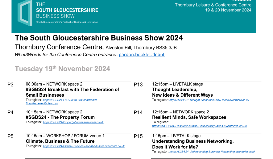 The #SouthGloucestershire Business Show – which takes place at Thornbury Leisure Centre on Tus Nov 19 and Weds Nov 20 - features a packed programme of workshops &amp; panels  so why not visit go.fsb.org.uk/457NliW to register and pick from the wide range of great events on offer...