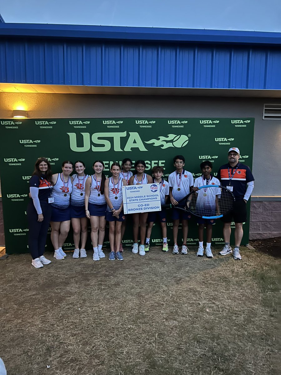 BMSTennis's tweet photo. We did it!!!!  So proud of our Flames!  2024 Coed STATE CHAMPIONS!!!! #WeAreBlackman 🧡💙🎾🔥 https://t.co/otgJOgGuAS