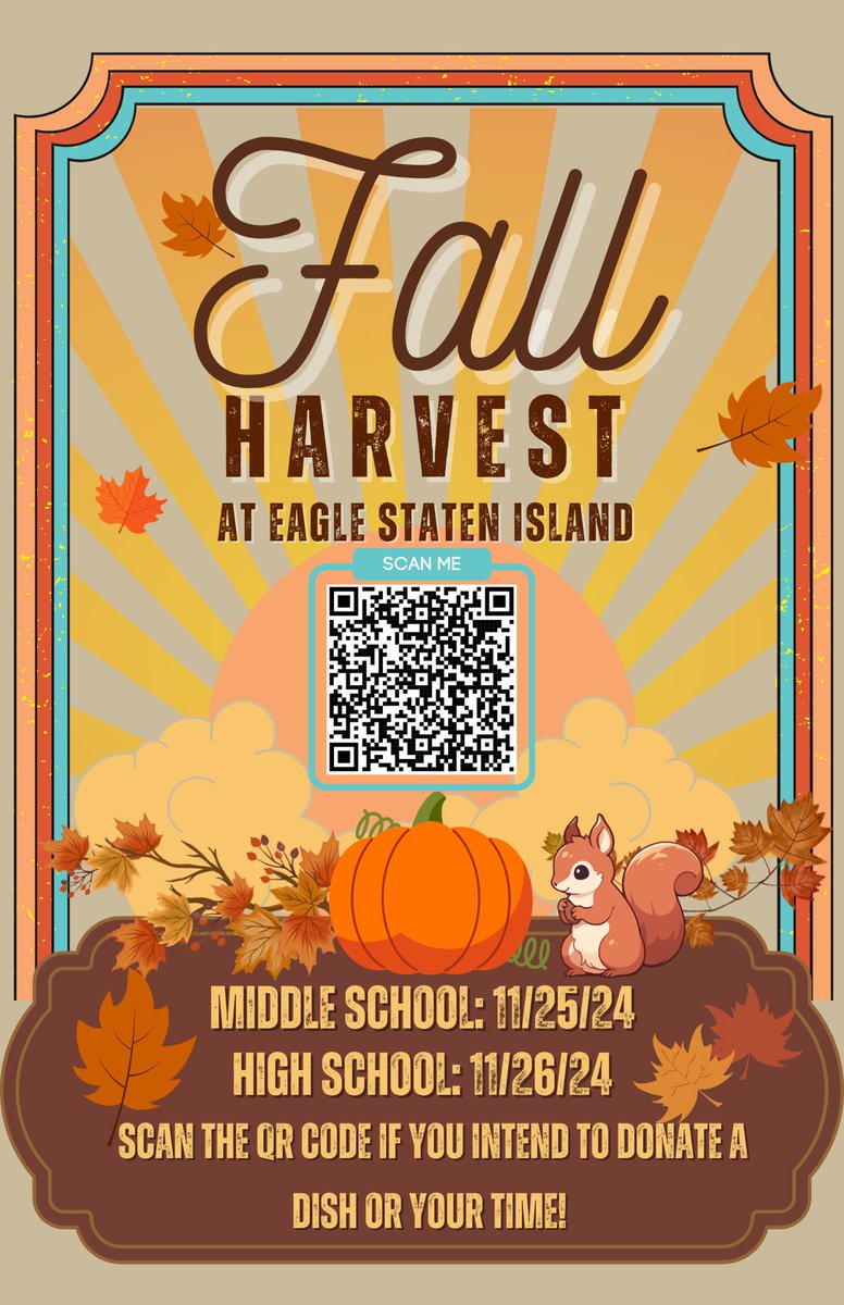 EagleAcademySI (@eagle_staten) on Twitter photo Our Annual Fall Harvest is almost here! 🍂 Middle School: 11/25 | High School: 11/26. Let’s make this event a success! Scan the QR code on the flyer to donate a dish or your time. Thank you for your support, Eagle Family! Our Annual Fall Harvest is almost here! 🍂 Middle School: 11/25 | High School: 11/26. Let’s make this event a success! Scan the QR code on the flyer to donate a dish or your time. Thank you for your support, Eagle Family!