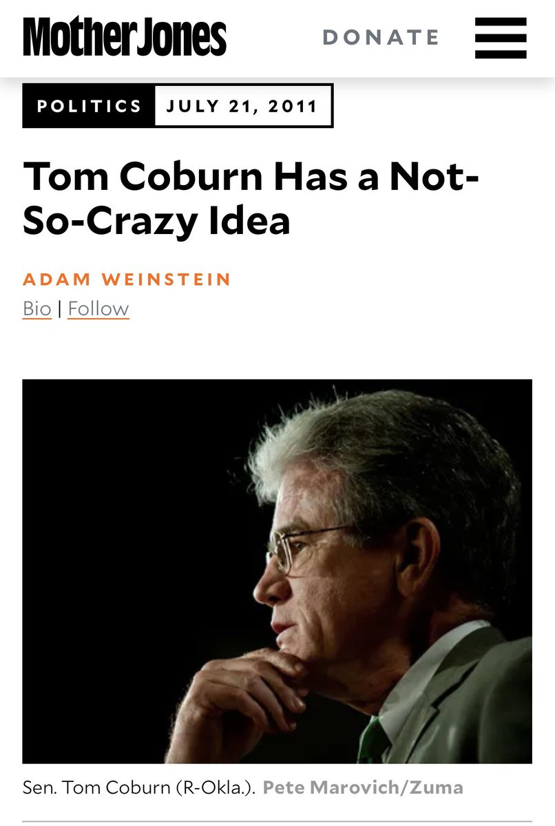 WTLocke's tweet photo. Even @MotherJones wrote a complimentary (as nice a #backhanded compliment as their editors could muster) piece on my friend Coburn’s #deficithawk zeal in highlighting government bureaucracy wasteful expenditures - #DeptOfGovernmentEfficiency https://t.co/RCz87Jfxo7