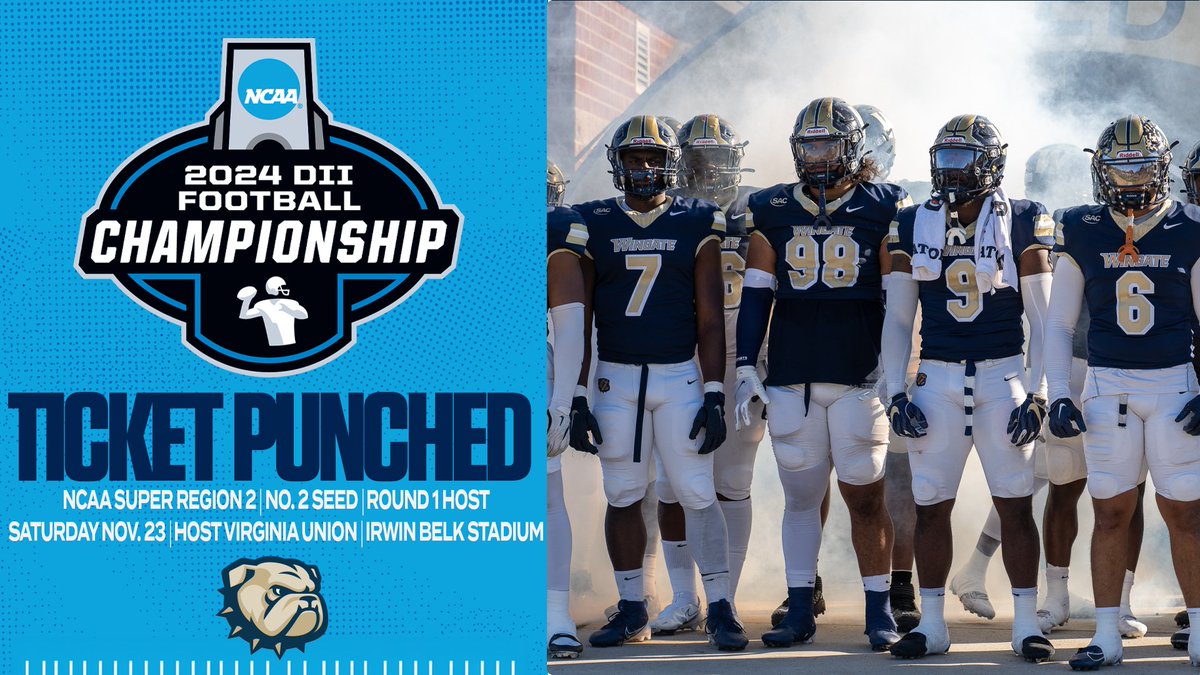Wingate Bulldogs (@wu_bulldogs) on Twitter photo ๐๏ธ TICKET PUNCHED ๐๏ธ
<a href="/WingateFb/">Wingate Bulldogs Football</a> is the number 2 seed in the <a href="/NCAADII/">NCAA Division II</a> Super Region 2!
The SAC champs will host Virginia Union this Saturday, Nov. 23 at Irwin Belk Stadium!
5th NCAA bid in the last 7 years
Story | shorturl.at/nWhPy
#OneDog ๐๏ธ TICKET PUNCHED ๐๏ธ
<a href="/WingateFb/">Wingate Bulldogs Football</a> is the number 2 seed in the <a href="/NCAADII/">NCAA Division II</a> Super Region 2!
The SAC champs will host Virginia Union this Saturday, Nov. 23 at Irwin Belk Stadium!
5th NCAA bid in the last 7 years
Story | shorturl.at/nWhPy
#OneDog