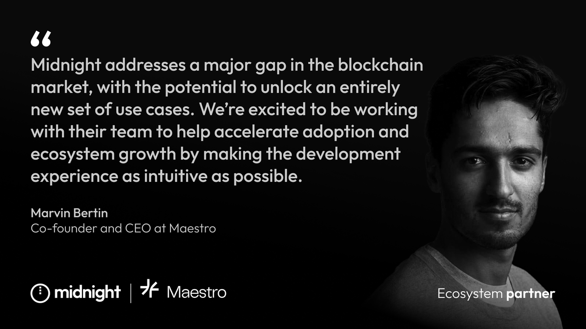 MidnightNtwrk's tweet image. We’re diving deeper into how @GoMaestroOrg is providing builders with powerful data APIs and developer tools to streamline development on the #MidnightNetwork in our upcoming X Spaces.

🗓️ Wed, Nov 20th
🕛 13:00 ET / 18:00 UTC
📍 x.com/i/spaces/1OdJr…