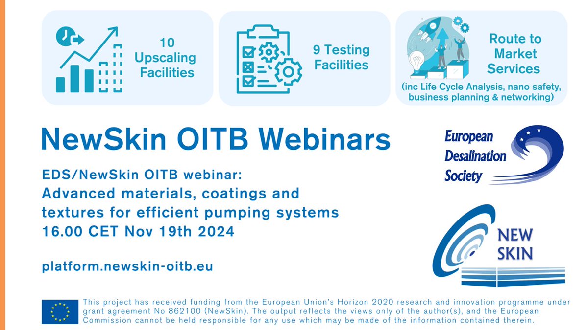 Interested in advanced materials, coatings and textures for efficient pumping systems? 
Join us for the NewSkin OITB final event series 2024 – <a href="/EDSdesal/">European Desalination Society (EDS)</a> pumps webinar 19 Nov 2024 𝟭𝟲:𝟬𝟬-𝟭𝟳:𝟱𝟬 𝗖𝗘𝗧 
🎯REGISTER NOW: lnkd.in/eZd_aEQr
#H2020 #OITB #NewSkinOITB #pumps