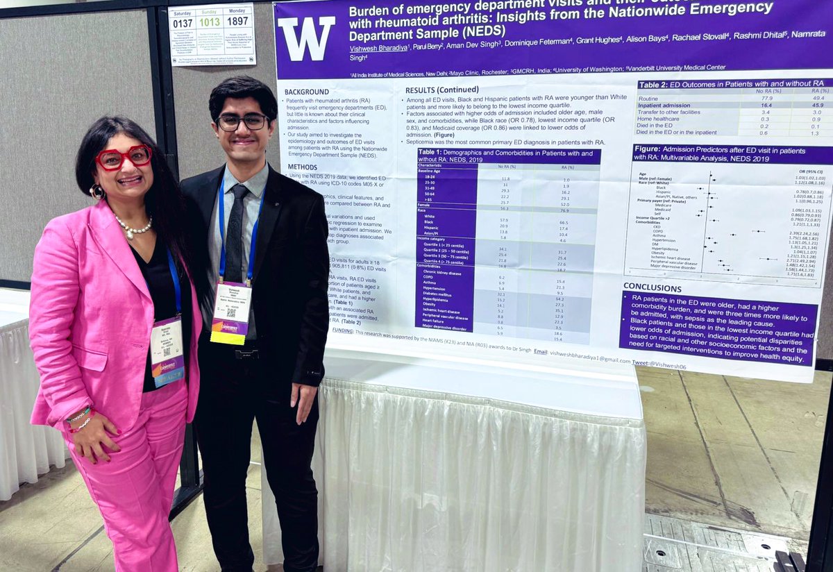Thrilled to share our study on Rheumatoid Arthritis ED visits at #ACR24! 🏥 Highlighting disparities in care and opportunities to advance health equity. 
Honored to work under the mentorship of @NamrataRheum &amp; <a href="/UWRheum/">UW Rheumatology</a> team on this impactful project.🌟 #HealthEquity #Rheumatology
