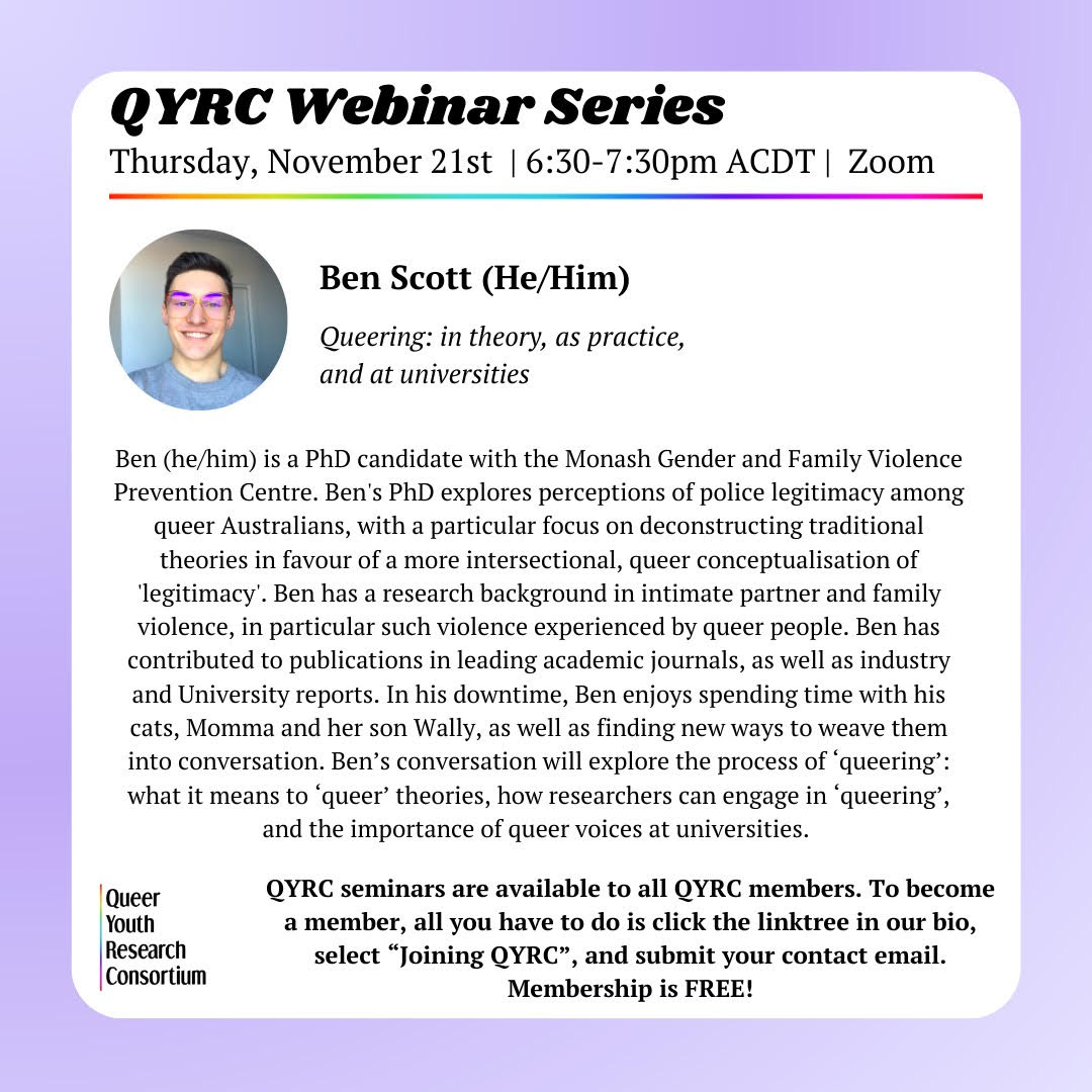 MonashGFV (@monashgfv) on Twitter photo Join #PhD candidate <a href="/Ben_Scott__/">Ben Scott (he/him)</a> this Thursday for a webinar on #queering in theory and practice hosted by the Queer Youth Research Consortium. Become a member for free here to join the session: …-youth-research-consortium.weebly.com/membership.html Join #PhD candidate <a href="/Ben_Scott__/">Ben Scott (he/him)</a> this Thursday for a webinar on #queering in theory and practice hosted by the Queer Youth Research Consortium. Become a member for free here to join the session: …-youth-research-consortium.weebly.com/membership.html