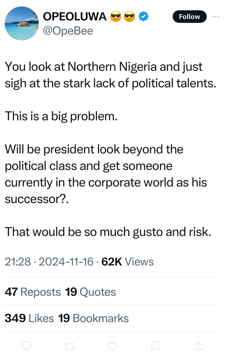Realoilsheikh's tweet photo. Of all people that would cast aspersions on the political talents in northern Nigeria, it is not a dunce & stupid personality like you @OpeBee. The same Northern Politicians that put their political careers on the line to see the govt of today, the govt you're doing all this unsolicited PR for are the ones you call names? If this was coming from someone that has class or sense, it would be worrisome. But people like you that have no substance can only block those they don't want to engage when you speak from your smelly mouths. Show me the talents you're defending. Just a piece of it. Dullard.