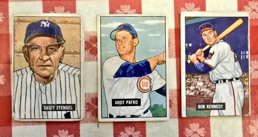 DennisCGarcia's tweet image. Casey, Andy and Bob are my latest additions to my 1951 Bowman #baseballcard set. 60 more cards to complete the set! @SABRbbcards