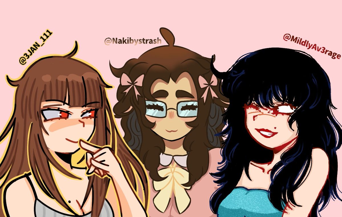MDr4w's tweet photo. Mis artistas favoritas 💗 @3JAN_111 @MildlyAv3rage @Nakibystrash espero vean este dibujo de verdad 💔 medio difícil adaptar sus estilos al mío (no sabía que fondo poner) https://t.co/QMAdG9Sftd