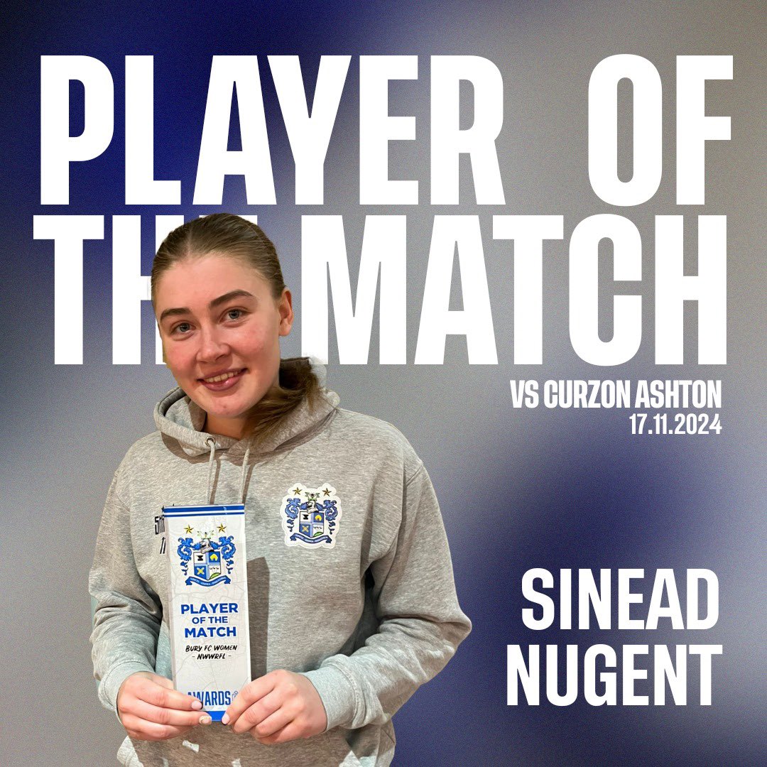 buryfc_women's tweet photo. The Shakers faced defeat at home this afternoon, with @CurzonAshtonWFC winning 1-3.

Big congratulations to Sinead Nugent, who is our very well deserved PotM ⚽️ 

Thanks to the 134 spectators for coming along, we go again next Sunday against Darwen FC💪🏼 

#BuryFC | #PartOfIt https://t.co/lw9Ytt9yyc