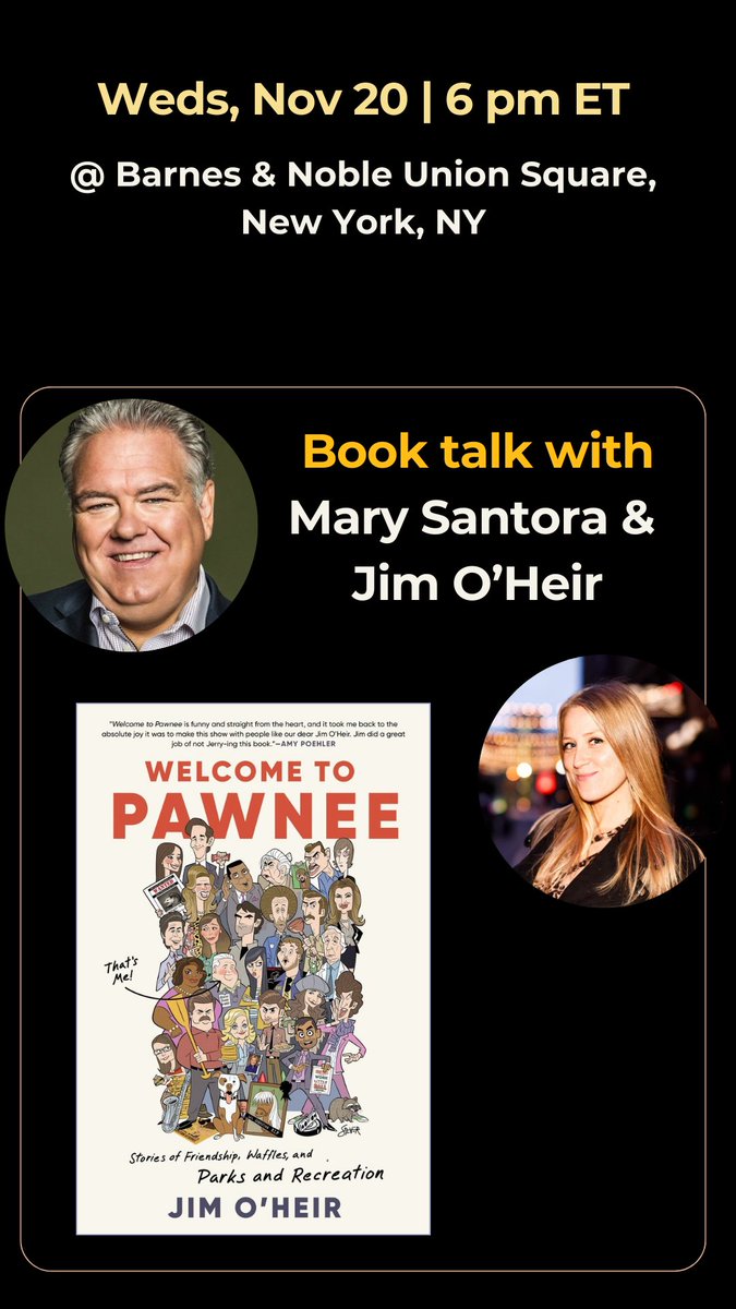 Jim O'Heir (@jimoheir) on Twitter photo Hey New York. The hysterical @Mary_Santora will be moderating my book signing this week at @BNUnionSqNYC. Lots of laughs and bts stories from <a href="/parksandrec/">Parks and Recreation</a>. Come by and say hi. xoxoxo #book #memoir #comedy Hey New York. The hysterical @Mary_Santora will be moderating my book signing this week at @BNUnionSqNYC. Lots of laughs and bts stories from <a href="/parksandrec/">Parks and Recreation</a>. Come by and say hi. xoxoxo #book #memoir #comedy