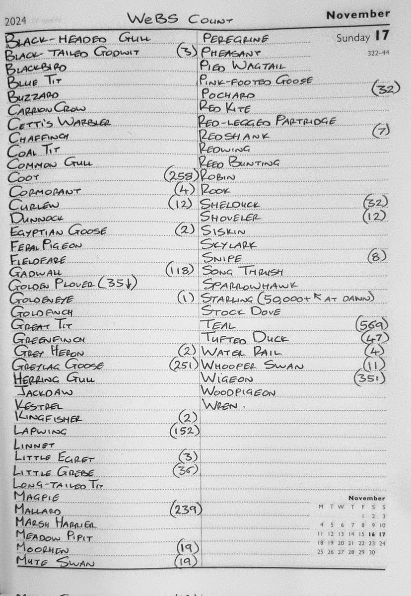 Sightings:17th November 2024.
<a href="/NorthCaveWet/">North Cave Wetlands</a> 
Inc. WeBS Count Totals.