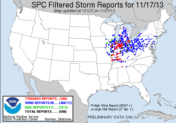 weather_history's tweet photo. November 17, 2013: 

A massive and devastating outbreak spawned 74 tornadoes throughout the Midwest and Ohio Valley. 33 twisters were significant (EF2+), two of which were EF4s. Eight people were killed, 190+ were injured, and >$1 billion in damage was produced. 

#wxhistory https://t.co/fvbWARj2PA