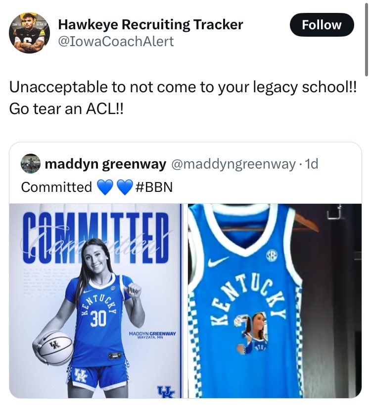 When you are a fan of a rival school and you create an account like this under the guise of being a Hawkeye fan, you are taking it too seriously.  It is unsurprising that the guy who runs this account was arrested for domestic abuse.