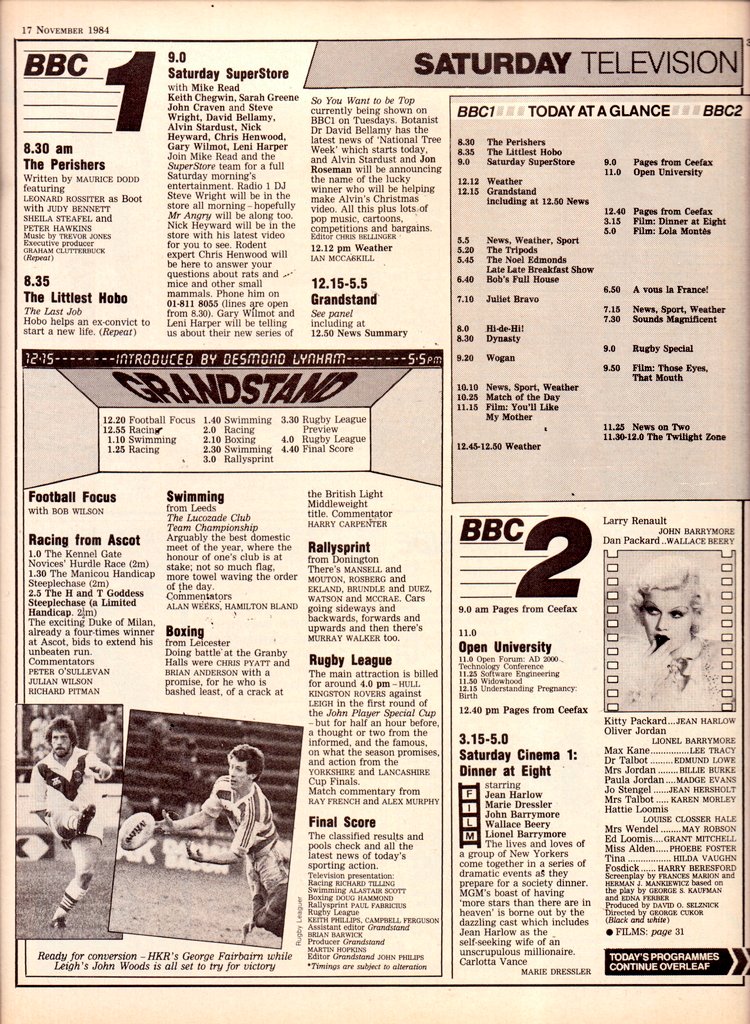 woodg31's tweet photo. TV📺17/11/84 BBC1 
9.0:Saturday Superstore 12.15:Grandstand 5.5:News 5.20:The Tripods 5.45:Noel Edmonds Late Late Breakfast Show 6.40:Bob's Full House 7.10:Juliet Bravo 8.0:Hi-De-Hi! 8.30:Dynasty 9.20:Wogan 10.10:News 10.25:Match of the Day https://t.co/DuI9R91bA8