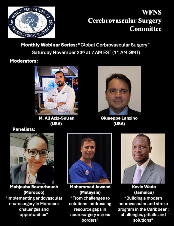 Yohan Alexander (@alexyohan99) on Twitter photo Don't miss the next <a href="/WFNSHQ/">WFNS</a>
Cerebrovascular Committee webinar on global cerebrovascular surgery. November 23rd 7 AM EST.
Moderated by Dr. Ali Aziz-Sultan and <a href="/GLanzinoNSGY/">Giuseppe Lanzino, MD</a>
<a href="/MayoClinicNeuro/">Mayo Clinic Neuro</a> <a href="/BWHNeurosurgery/">Brigham and Women's Neurosurgery</a>
Zoom: zoom.us/meeting/regist…
YouTube: youtube.com/live/e1entOulA… Don't miss the next <a href="/WFNSHQ/">WFNS</a>
Cerebrovascular Committee webinar on global cerebrovascular surgery. November 23rd 7 AM EST.
Moderated by Dr. Ali Aziz-Sultan and <a href="/GLanzinoNSGY/">Giuseppe Lanzino, MD</a>
<a href="/MayoClinicNeuro/">Mayo Clinic Neuro</a> <a href="/BWHNeurosurgery/">Brigham and Women's Neurosurgery</a>
Zoom: zoom.us/meeting/regist…
YouTube: youtube.com/live/e1entOulA…