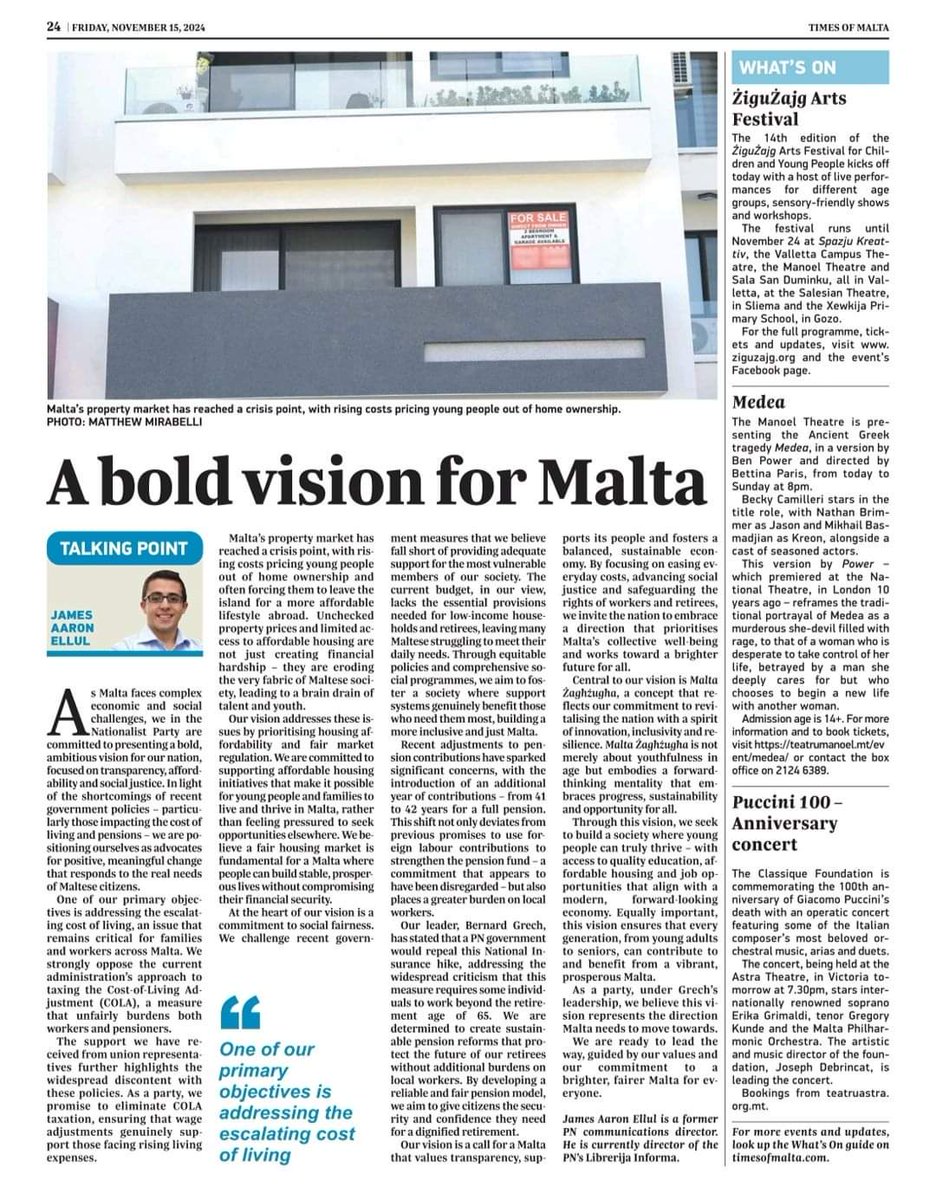 James Aaron Ellul (@jamesaaronellul) on Twitter photo In "A Bold Vision for #Malta" I highlight our plan to ease financial burdens, make housing affordable, and secure #sustainable pensions, ensuring a brighter #future for everyone.
<a href="/PNmalta/">Partit Nazzjonalista</a> | <a href="/bernardgrechmt/">Bernard Grech</a>
timesofmalta.com/article/a-bold… In "A Bold Vision for #Malta" I highlight our plan to ease financial burdens, make housing affordable, and secure #sustainable pensions, ensuring a brighter #future for everyone.
<a href="/PNmalta/">Partit Nazzjonalista</a> | <a href="/bernardgrechmt/">Bernard Grech</a>
timesofmalta.com/article/a-bold…
