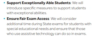 Screenshot from P15 of the Fine Gael Manifesto, where they state that they will support Exceptionally Able Students but ONLY CONSIDER ADDITIONAL TIME for those STUDENTS WITH SPECIAL EDUCATIONAL NEEDS!