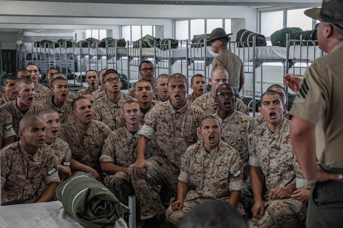 #MarineCorps Recruits with Lima Company, 3rd Recruit Training Battalion, meet their drill instructors as part of a pick-up event at <a href="/MCRD_SD/">MCRD San Diego</a>.

Pick-up day signifies the first official day of training where recruits will meet their drill instructor team for the first time.