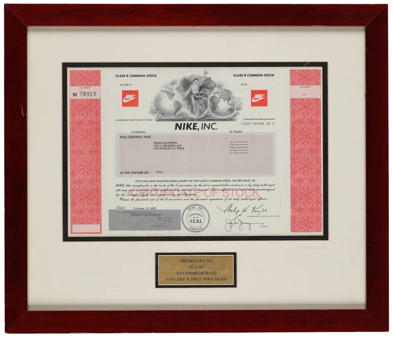 Goldin on X True definition of a Sneaker Head This Framed Nike Stock Certificate Presented to DJ AM is available now in our November Pop Culture Elite Auction. Bid now https t dMBVGnwtWj