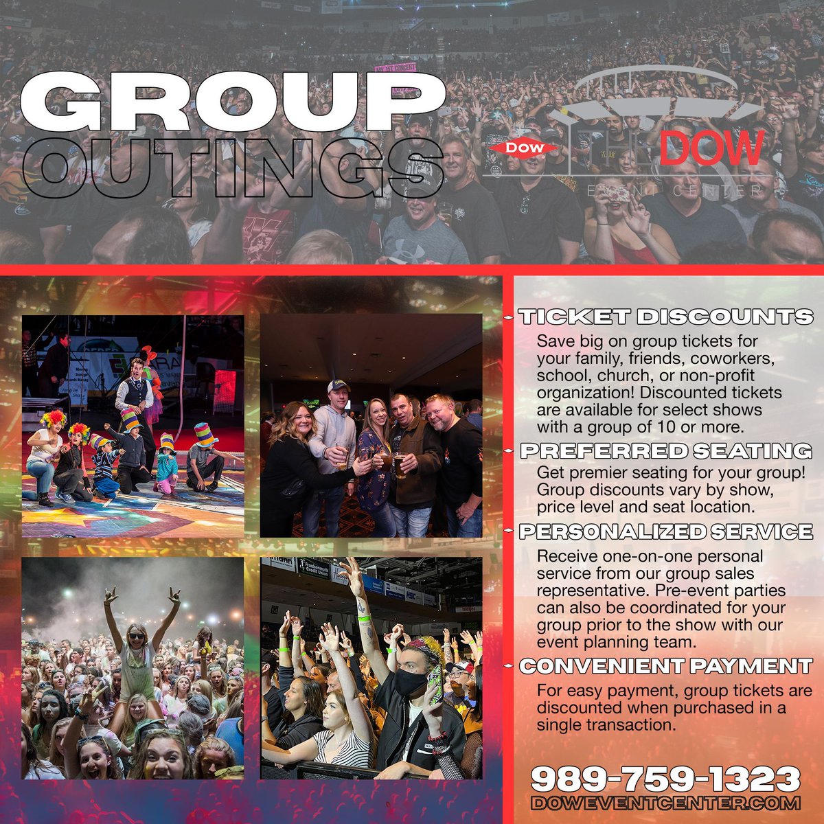Make The Dow Event Center your place to get together. Take advantage of group savings on select events. Group sales are perfect for friends, family, company outings, schools, churches, nonprofit organizations, youth activities, senior centers, and more! buff.ly/3Q2RvkG