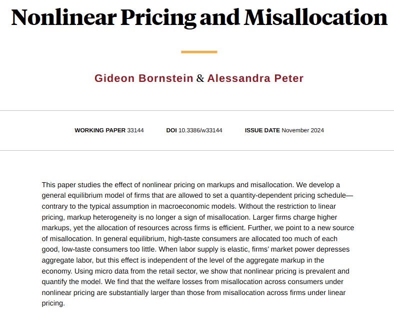 Nonlinear pricing breaks the tight link between markup dispersion and misallocation across firms. Instead, significant misallocation across consumers of the same firm, is found, from @gidibo and Alessandra Peter nber.org/papers/w33144