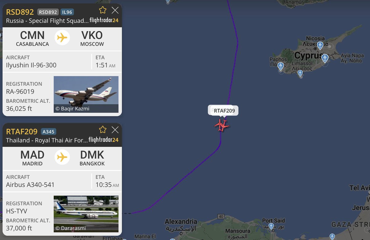 qooᴎꙄʏqooᴎꙄɘʜT (@thesnoopysnoop) on Twitter photo #RSD892 🇷🇺 Russian Special Flight Squadron
Ilyushin Il-96-300 RA-96019 routing Casablanca-Moscow
#RTAF209 🇹🇭 Royal Thai Air Force
Airbus A340-541 HS-TYV routing Madrid-Bankok
Passing each other with 1,000ft vertical separation over the East Med
#avgeek #planespotting #RSD892 🇷🇺 Russian Special Flight Squadron
Ilyushin Il-96-300 RA-96019 routing Casablanca-Moscow
#RTAF209 🇹🇭 Royal Thai Air Force
Airbus A340-541 HS-TYV routing Madrid-Bankok
Passing each other with 1,000ft vertical separation over the East Med
#avgeek #planespotting