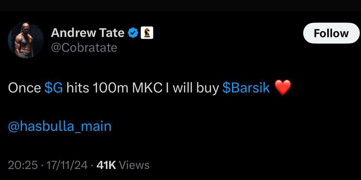 Tate to buy $1 million worth of $BARSIK

We're about the witness Memecoins History 🚀🐈📈