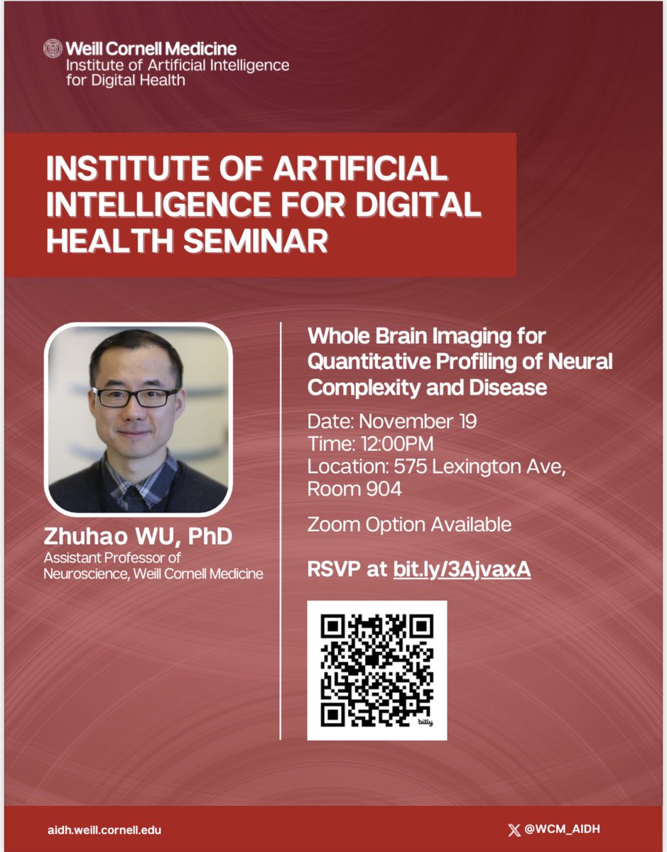WCM_AIDH's tweet image. Next Tuesday, we are thrilled to have Dr. Zhuhao Wu as our last speaker in our monthly seminar series for this semester. Dr. Wu will talk about his exciting work on whole brain imaging. Register here bit.ly/3AjvaxA