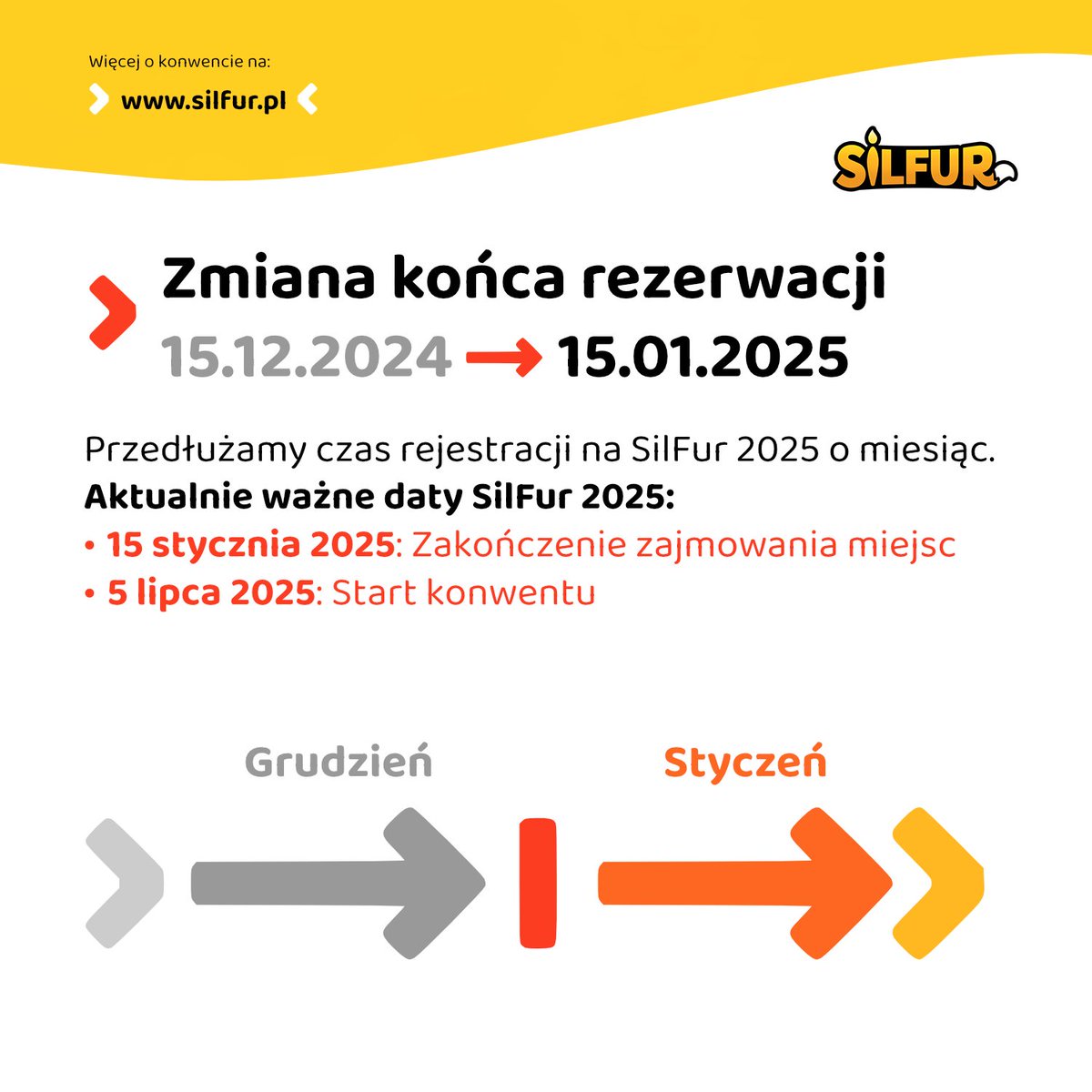 ❗️ Zmiana terminu końca rejestracji 

Przedłużamy czas rejestracji na SilFur 2025. Pierwotny termin zakończenia rejestracji ustalony był na 15 grudnia. W tym momencie ostateczny termin zajmowania miejsca zostaje przesunięty na 15 stycznia. 😉

Aktualnie ważne daty SilFur 2025