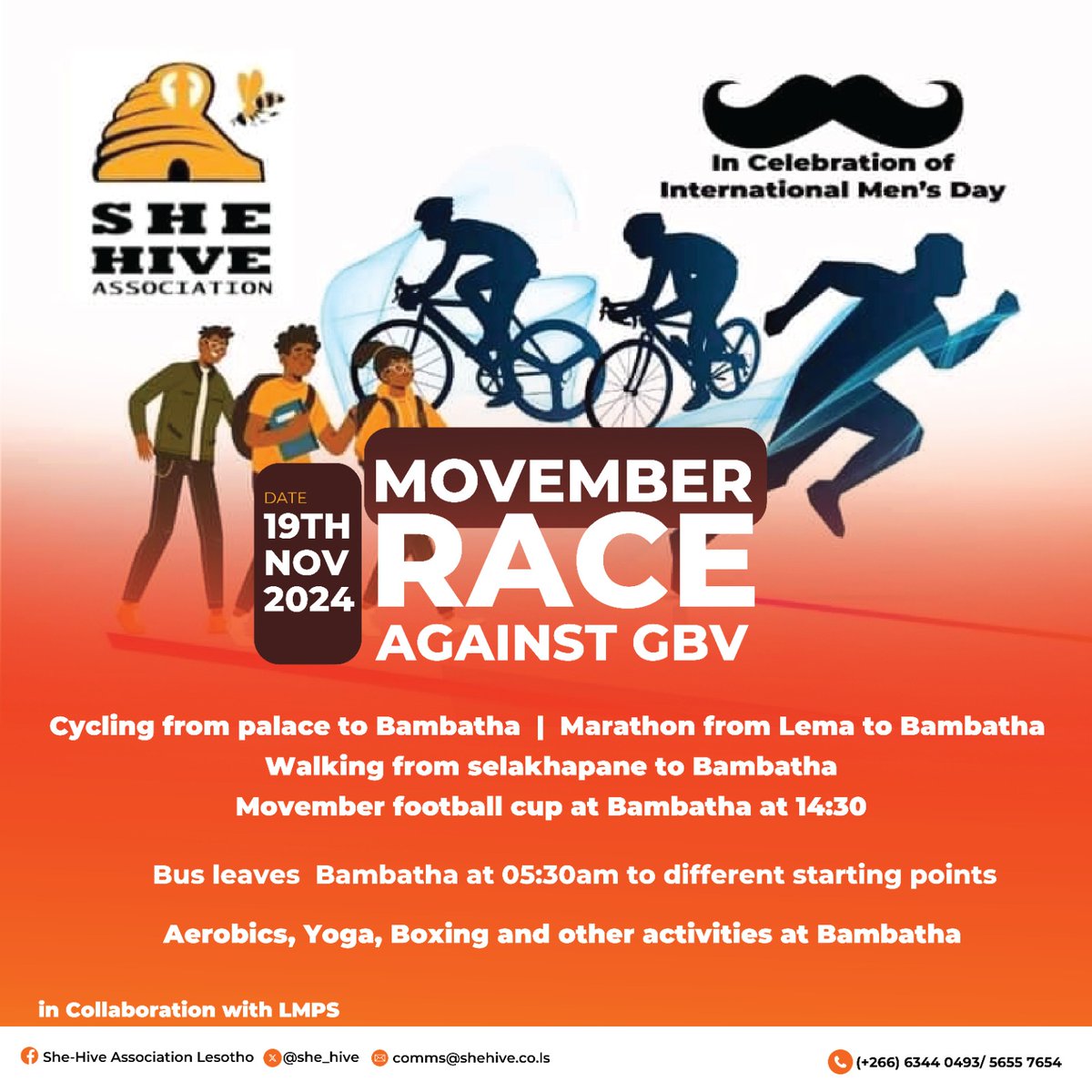 On Tuesday hee guys, bus leaves Bambatha at 5:30 am to all starting points
#Movember2024
#InternationalMensDay2024
#MenEngage
#RaceAgainstGBV2024
#SpeakOutGBVisNotPrivateanymore