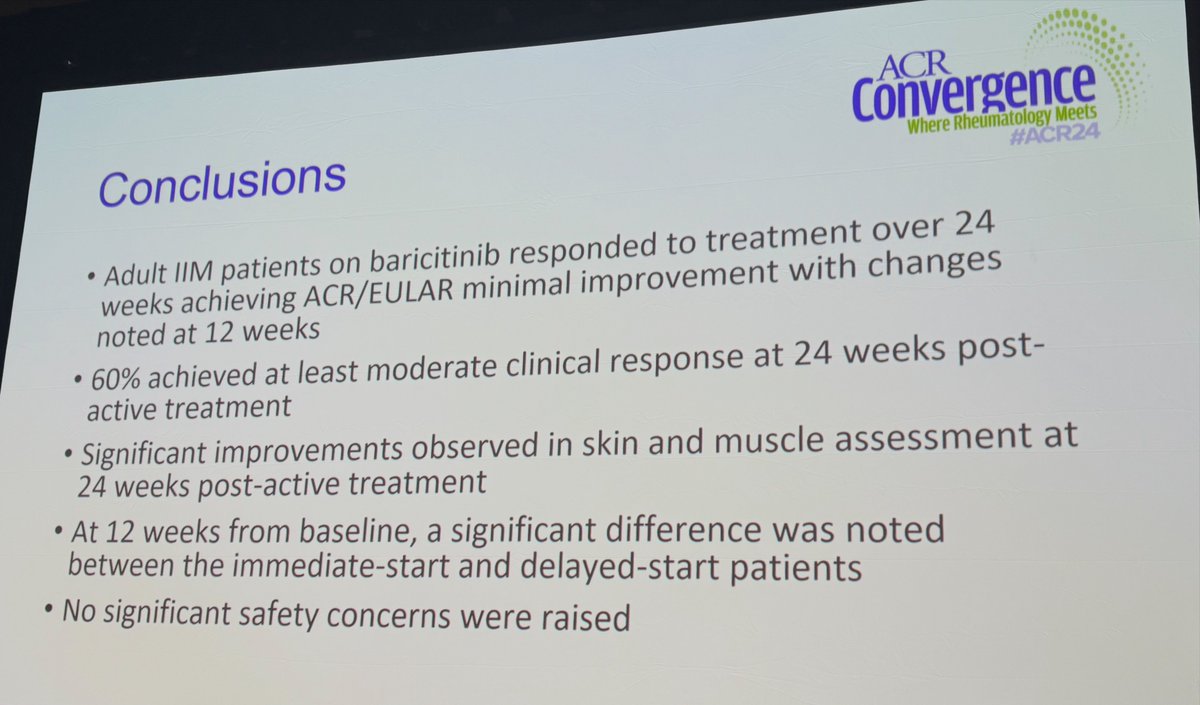 Annals of the Rheumatic Diseases (@eular_ard) on Twitter photo MYOJAK Study in #IIM
💊 #Baricitinib 4mg for 24 weeks:
📈 14/15 patients (93%) achieved the primary outcome of ≥20% Total Improvement Score (TIS), indicating at least minimal clinical response.
#Myositis #ACR24 <a href="/drhectorchinoy/">Hector Chinoy</a>
<a href="/IzukaShinji/">Shinji Izuka</a> MYOJAK Study in #IIM
💊 #Baricitinib 4mg for 24 weeks:
📈 14/15 patients (93%) achieved the primary outcome of ≥20% Total Improvement Score (TIS), indicating at least minimal clinical response.
#Myositis #ACR24 <a href="/drhectorchinoy/">Hector Chinoy</a>
<a href="/IzukaShinji/">Shinji Izuka</a>