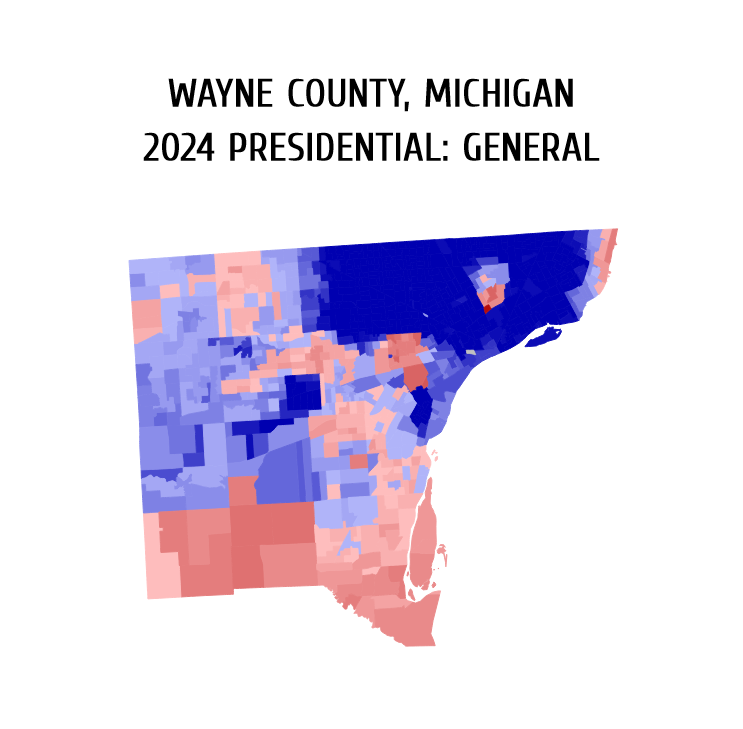 MI_James57's tweet image. Here is a precinct map of the 2024 presidential election in Wayne County, Michigan, based on Harris vs. Trump numbers.

🔵 Kamala Harris (D): 536,581 votes (62.5%)
🔴 Donald Trump (R): 288,778 votes (33.6%)
🟡 Others: 33,424 votes (3.9%)