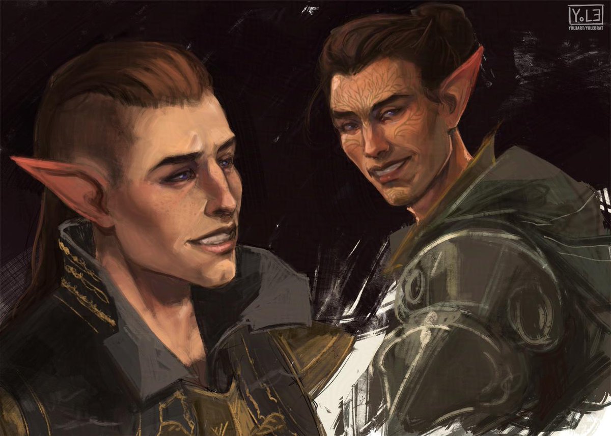 Two halves of the same idiot. 🥺❤️ 
#Solas #Felassan #DragonAge