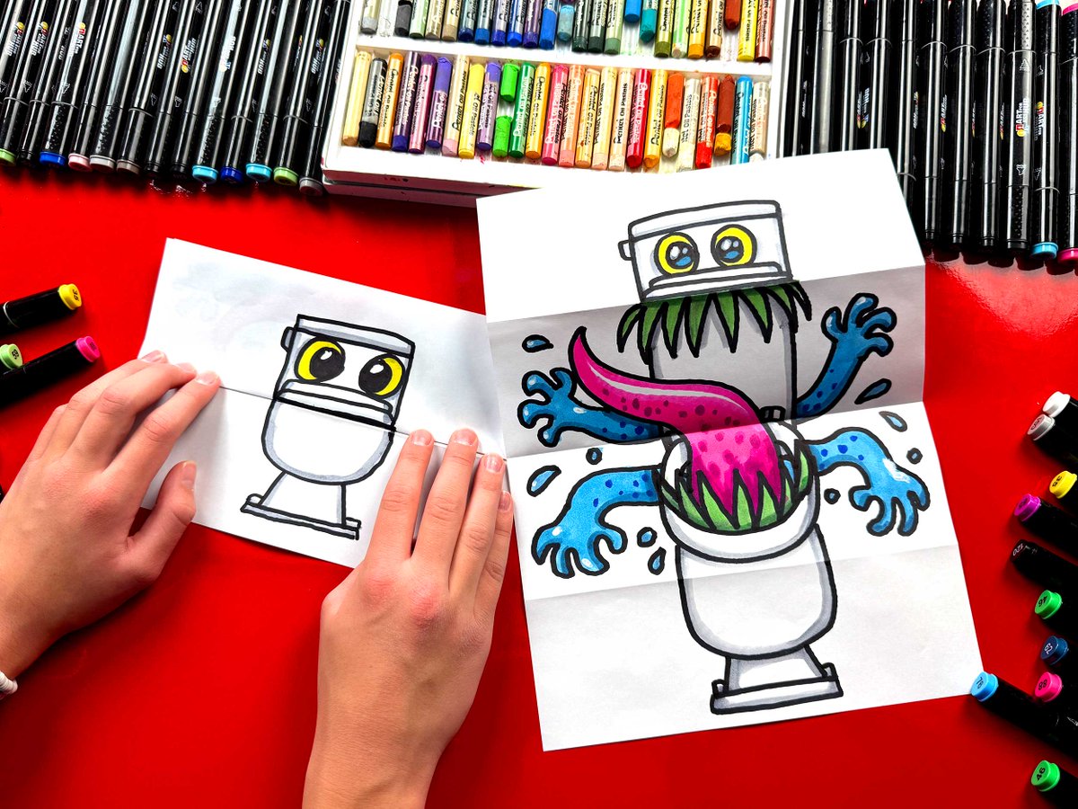Austin and I are so excited for today’s lesson—how to draw a toilet monster folding surprise! 🧻🖍️ When the paper is folded, your drawing looks like a regular (and friendly!) toilet, but when you open it up… surprise! 😱💀 
youtu.be/E-h4lVwiLDQ