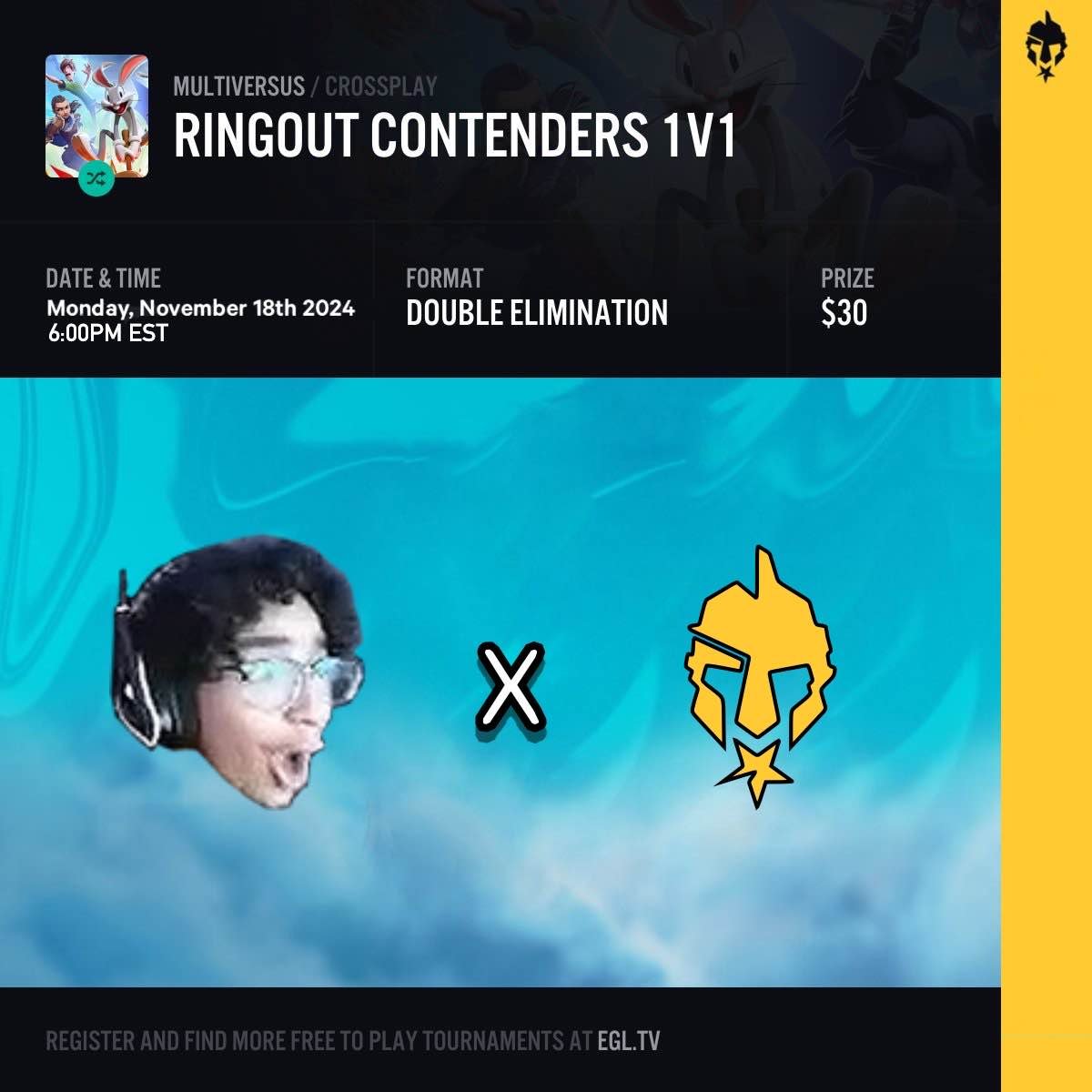 extremely proud to announce that i will be casting AND streaming top 8 of <a href="/EGL/">EGL (Esports Gaming League)</a>'s MultiVersus tournaments. Tomorrow at 6PM EST, i will be live casting 'Ringout Contenders 1v1' | link for the stream and tournament will be provided in the comments below.

#MultiVersus.