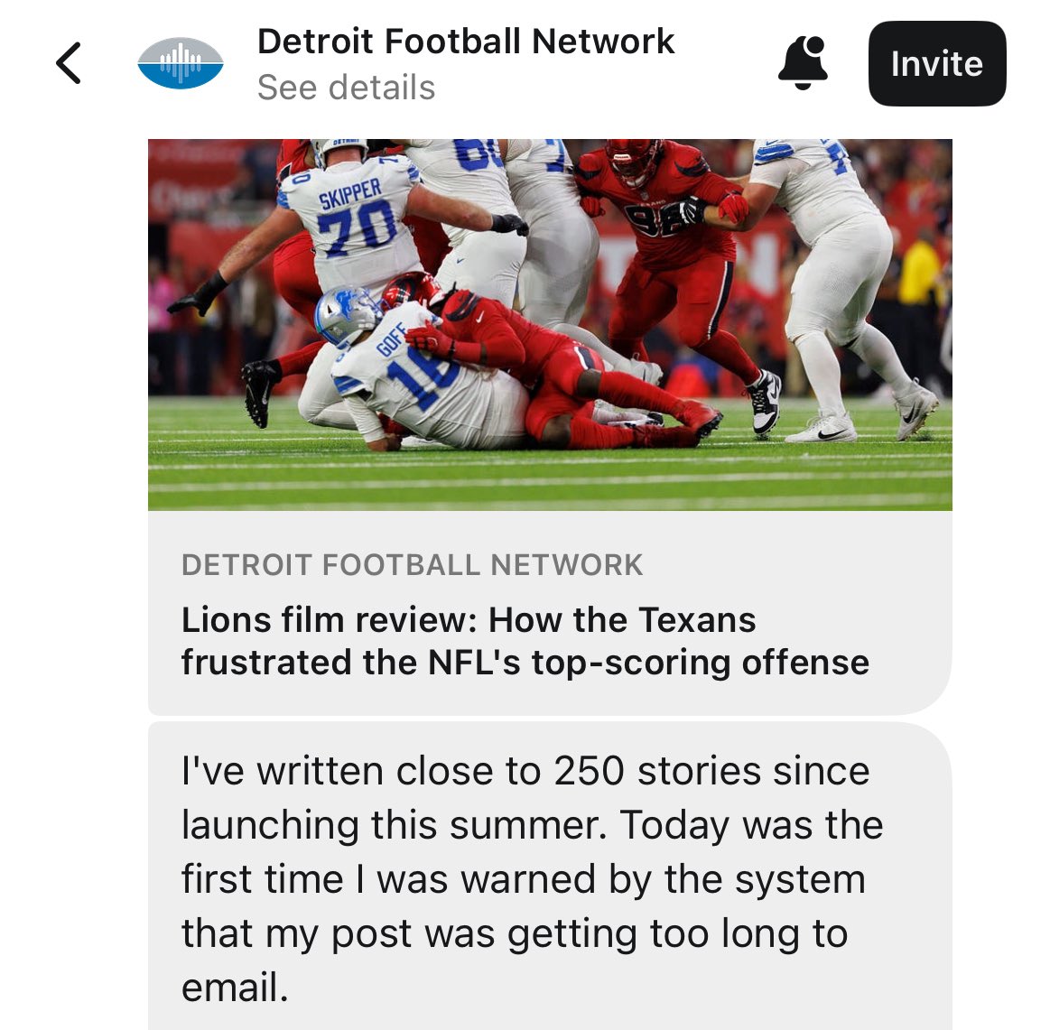 Grade_A_Moron's tweet photo. Detroit Football Network and @Justin_Rogers about to exceed the Substack email character limit based on today’s scoring summary alone https://t.co/I20IC960Iy
