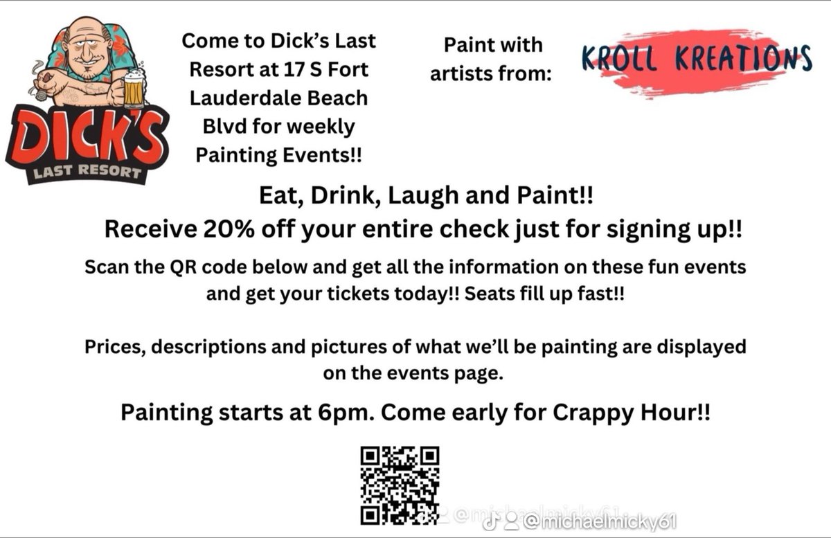 ArtSoccerCoach4's tweet image. Scan the QR code or go to Krollkreations.square.site for more events!! #paintart #eat #drink #laugh #paint #join @DickSez ##canvas #food #sarcasm #hats #food #create #acrylic #beach #ocean #signup #events #music #beer #wine