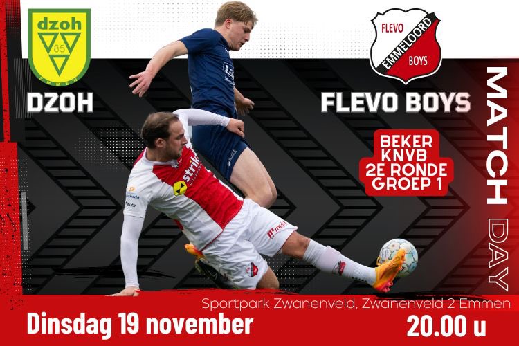 N E X T   M A T C H ⚽️🏆

Dinsdagavond staat Flevo Boys al weer een volgende wedstrijd te wachten. In Emmen gaan de boys het opnemen tegen <a href="/DZOH/">DZOH</a> (uitkomend in de 1e klasse) in de 2e ronde van de Districtsbeker.