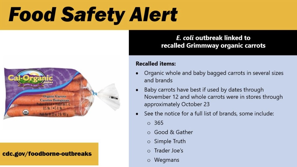 Dr. Vin Gupta (@vinguptamd) on Twitter photo Public Health Alert ā¼ļø
If you have carrots from the brands below, throwing them out. They may be potentially contaminated with E. coli.
Carrots on grocery store shelves currently for purchase are not impacted.
We will discuss for ā¦<a href="/NBCNightlyNews/">NBC Nightly News with Tom Llamas</a>ā© today. Public Health Alert ā¼ļø
If you have carrots from the brands below, throwing them out. They may be potentially contaminated with E. coli.
Carrots on grocery store shelves currently for purchase are not impacted.
We will discuss for ā¦<a href="/NBCNightlyNews/">NBC Nightly News with Tom Llamas</a>ā© today.