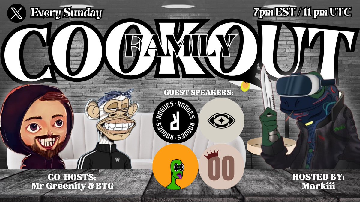 DiamondMarkiii's tweet photo. Family Cookout Ep.98 

Host:
@DiamondMarkiii 
Co-host:
@MrGreenity 
@BeThe_Greatest 
Guest:
@RoguesNFT 
@VisionarySTU 
@fuckersforlife 
@moodzonsei 

See you all in a couple hours,
Alpha, giveaways are coming 

Space link below 👇 https://t.co/ezqx22TRd9
