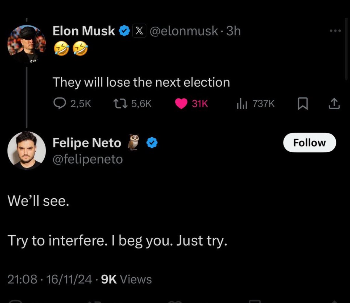 Lefranca1975's tweet photo. Agora o Bagulho ficou DOIDO !!

@felipeneto ameaçou o @elonmusk …

O criador da @Starlink, o homem que fez o foguete dar Ré, sendo ameaçado pelo cara que imitou uma FOCA 🦭 😂

Cuidado ⛔️ @elonmusk 😂 https://t.co/uzSA2fjuox