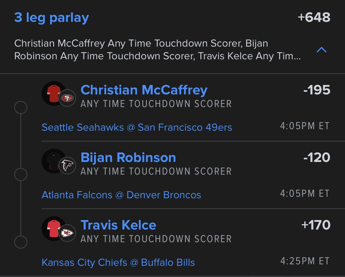 SGP_Parlay's tweet photo. Sending $200 to someone that retweets &amp; likes this tweet if this Anytime Touchdown Parlay Cashes!

Christian McCaffrey Anytime TD
Bijan Robinson Anytime TD
Travis Kelce Anytime TD

(+648)

#Fanduel #GamblingX #GamblingTwitter #GamblingCommunity #Parlay #FreeProps #FreePicks #NFL https://t.co/xrmQPYWuBU