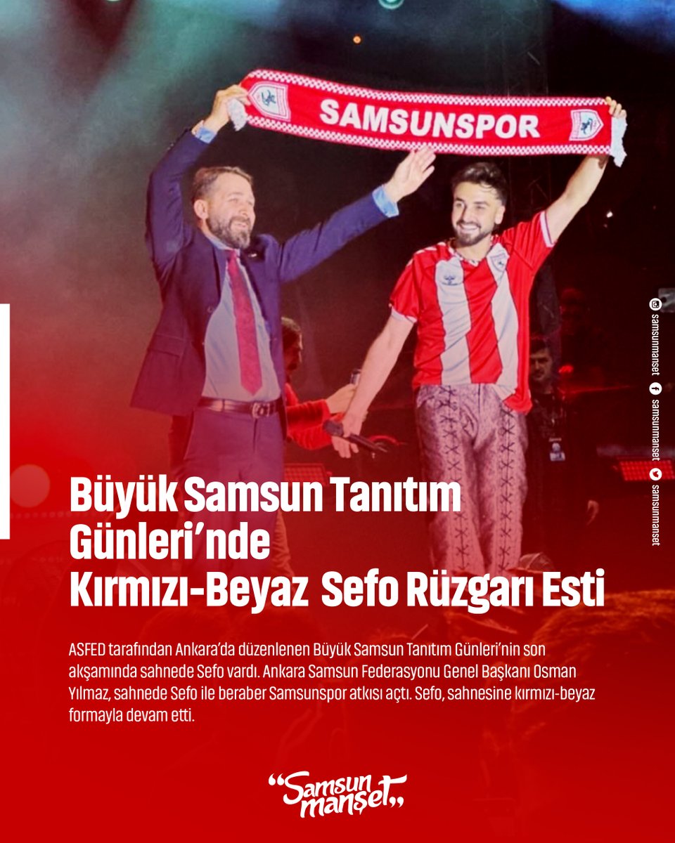 samsunmanset's tweet photo. #ASFED tarafından Ankara’da düzenlenen Büyük Samsun Tanıtım Günleri’nin son akşamında sahnede Sefo vardı. Ankara Samsun Federasyonu Genel Başkanı Osman Yılmaz, sahnede Sefo ile beraber #Samsunspor atkısı açtı. Sefo, sahnesine kırmızı-beyaz formayla devam etti. https://t.co/fdLNXLw2kN