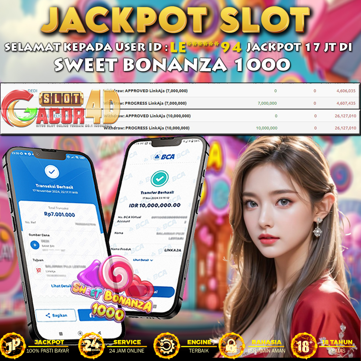 Slotgacor4dcom's tweet photo. SLOTGACOR4D bagi - bagi jackpot melimpah, modal kecil wd ga pelit ! Selamat kepada bosku Id : Le******94 yang berhasil Jp 17jt di permainan slot sweet bonanza 1000 !

Link : https://t.co/EkAcZCOAs6

#slotgacor4d #gacor4d #buktisahjp https://t.co/EvTrAkt5CN