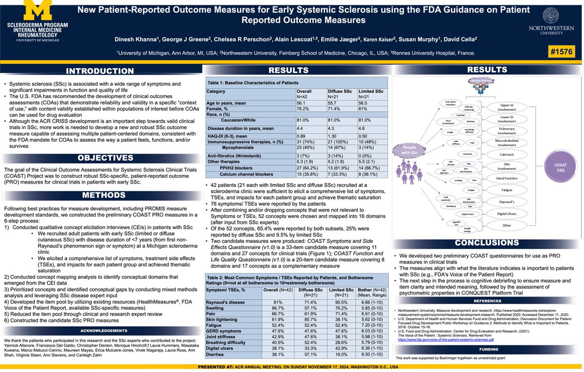 sclerodermaUM's tweet image. First steps towards developing an approvable PRO for early #scleroderma. #ACR24. COAST questionnaire. being tested in the @srfcure CONQUEST platform trial