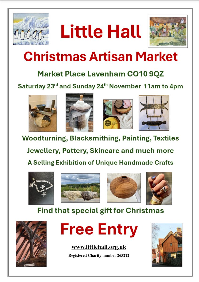 Shop for original, handmade Christmas gifts and meet the talented people who made them at Little Hall's Christmas Artisan Market on 23rd and 24th November, 11am - 4pm. 

#christmasmarket
#visitengland #visitsuffolk #visitlavenham